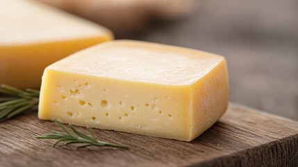 A smooth, square piece of cheese displayed on a rustic wooden board, garnished with fresh sprigs of rosemary. The cheese has a few small holes and a creamy appearance.