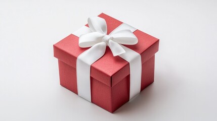 Obraz premium Red New Year gift box with a white ribbon and bow, isolated on a clean white background, creating a festive, celebratory feel.