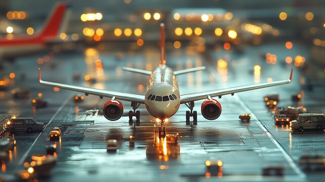detailed miniature model of commercial plane with pushback tug on busy airport apron setting