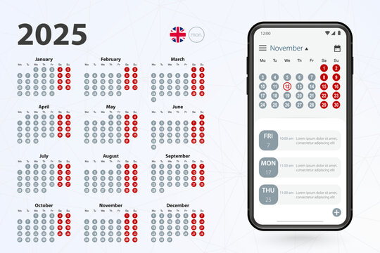 Calendar app for Cell phone, vector calendar 2025 week stars from Monday.