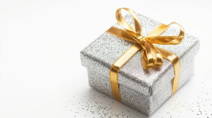 Obraz premium Small New Year gift wrapped in glittering silver paper, tied with a gold ribbon, isolated on a clean white background.