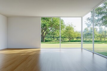 Obraz premium Bright and spacious modern room with panoramic view of lush green garden