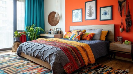 A vibrant bedroom with a bold accent wall, colorful bedding, and eclectic decor items, creating a lively and energetic space perfect for relaxation and creativity.