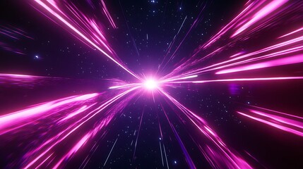  Neon speed rays abstract background. A burst of pink light energy. The movement of luminous purple rays in space. 