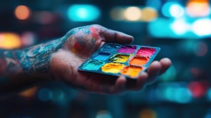 A tattooed hand holding a vibrant watercolor palette with various shades, set in a creatively illuminated studio environment, symbolizing artistic creativity and expression.