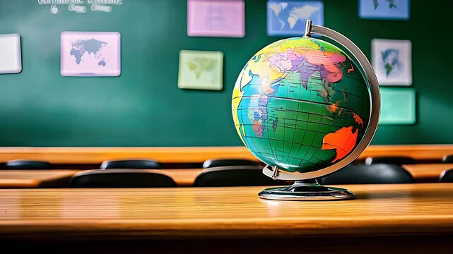 Colorful globe on a classroom desk, representing global education and learning in a school setting with maps in the background.