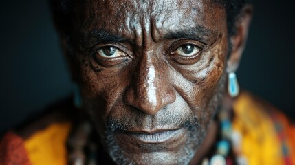Fototapeta premium An elderly man's profound gaze is complemented by an intricate beaded necklace, showcasing a unique blend of wisdom, depth, and cultural tradition.