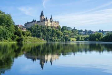 Fototapeta premium Scenic view of a medieval castle on a hill overlooking a tranquil lake