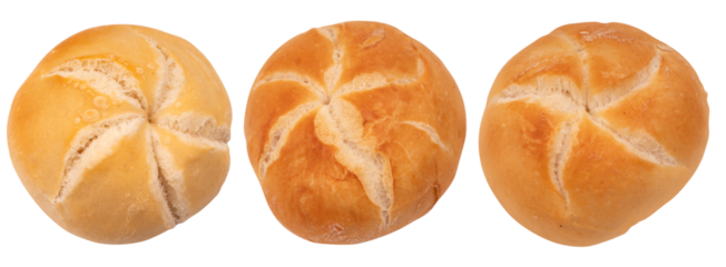 die Semmel, Kaiserbrötchen ohne Hintergrund, isoliert PNG, Satz mit 3 Rollen