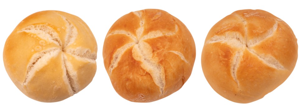 die Semmel, Kaiserbrötchen ohne Hintergrund, isoliert PNG, Satz mit 3 Rollen