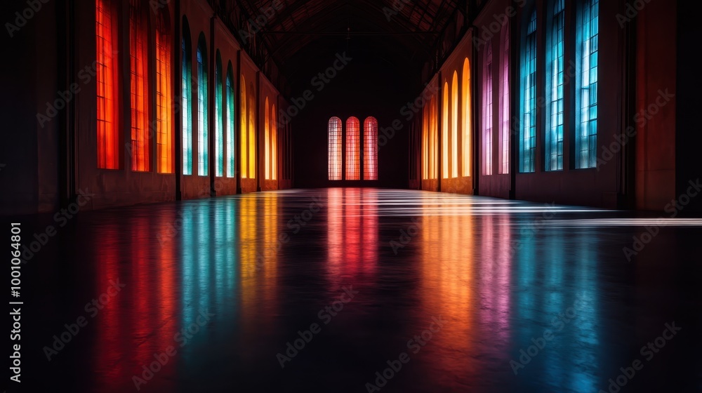 Poster A large interior space is illuminated by vividly colored stained glass windows, casting an array of colorful reflections on the polished floor creating a mesmerizing ambiance.