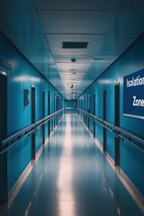 Fototapeta premium A long, blue corridor with doors marked for isolation, suggesting a clinical environment.