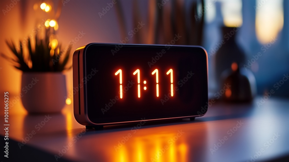 Wall mural digital clock displaying 11:11 on modern nightstand with soft ambient lighting