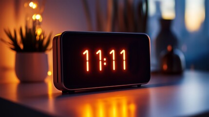 Digital Clock Displaying 11:11 on Modern Nightstand with Soft Ambient Lighting