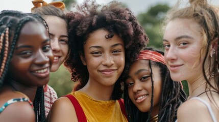Fototapeta premium Smiling young women from various ethnicities, standing closely and warmly together