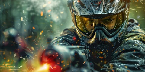 Action-packed paintball scene featuring soldiers in camouflage gear engaging in an outdoor shooting game, showcasing teamwork, fitness, and military-inspired sports