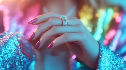 The image displays elegant hands with beautifully manicured nails and adorned with rings. Set against a colorful and vibrant outfit, it exudes style and sophistication.