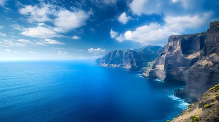 Dramatic Coastal Cliffs and Azure Ocean Under a Blue Sky with White Clouds