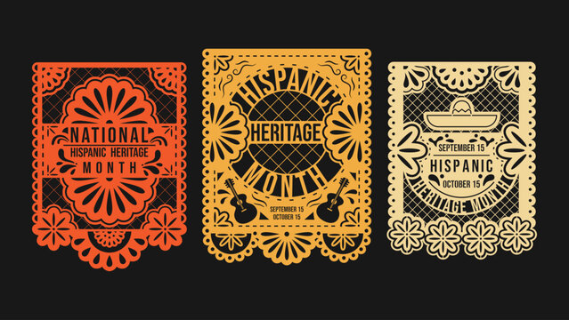 Hispanic heritage month folk banner. Collection of 3 cutout vertical posters. Carved ornament on black background. Great for a greeting card, invitation, print.
