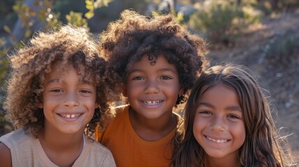 Fototapeta premium Three happy children with different hair types, smiling brightly