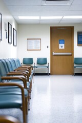 A waiting area in a medical facility with chairs and a closed door.