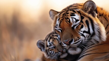 A heartwarming scene showing a tiger and its cub in a tender embrace, illustrating the beauty of wildlife and the bond between a parent tiger and its offspring in nature.
