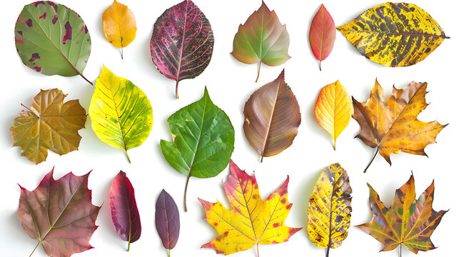 Set of multicolored autumn leaves isolated on white background