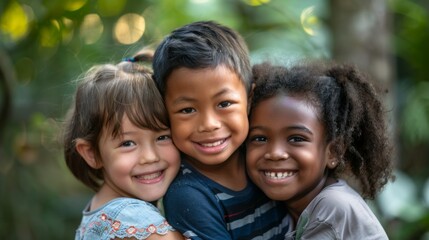 Fototapeta premium Three happy kids from different ethnic backgrounds, smiling together