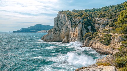 Obraz premium A view of the rugged coastline with white-capped waves crashing against the rocky cliffs on a sunny day.