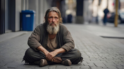 Homeless man sitting on the street