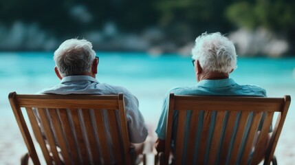 Two retired friends sit on wooden chairs facing the ocean, enjoying a peaceful moment of connection and reflection amidst the serene coastal waves and beautiful seaside scenery.