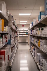A well-organized pharmacy aisle filled with various medication boxes and bottles.