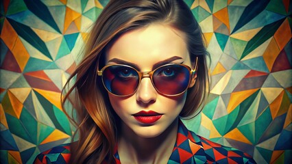 Radiating confidence, a fashionable woman in sunglasses emerges from a striking abstract background, marrying