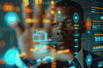 Person working on advanced software with digital data visuals in a dimly lit environment, focusing on financial analysis and virtual networking