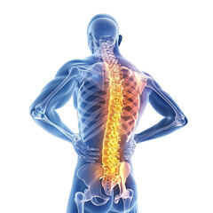 3d medical illustration showing a man with his skeleton exposed, holding his lower back in pain