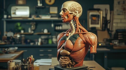 An educational scene featuring a human body mannequin with removable organs, used for teaching purposes in a classroom or medical training environment.