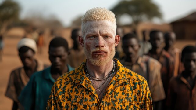 An albino man wearing a striking yellow-patterned shirt stands out against the backdrop of his rural village, surrounded by community members and tradition.