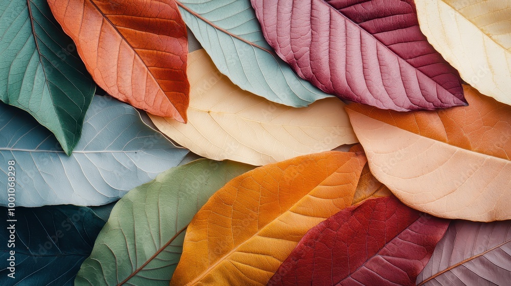 Poster vivid multicolored leaves arranged in an overlapping pattern, displaying a range of hues from orange