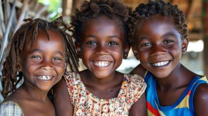 Fototapeta premium Three joyful children with different skin tones, smiling brightly
