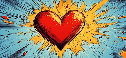 Comic book style red heart exploding with yellow and blue background.