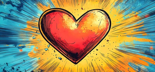 Red heart bursting with energy on a colorful comic book background.