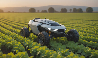 A futuristic, all-terrain vehicle drives through a field of crops at sunset