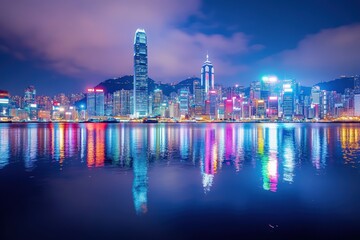 Fototapeta premium Vibrant cityscape with skyscrapers and reflections in the water