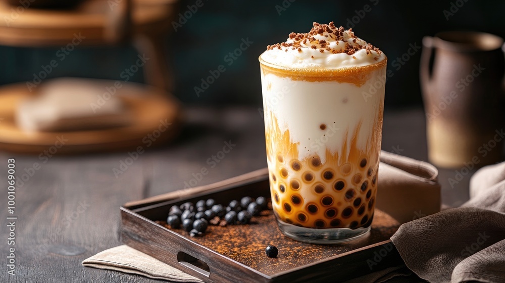 Poster an elegant setup featuring a bubble tea drink with a layer of creamy foam on top, placed on a stylis