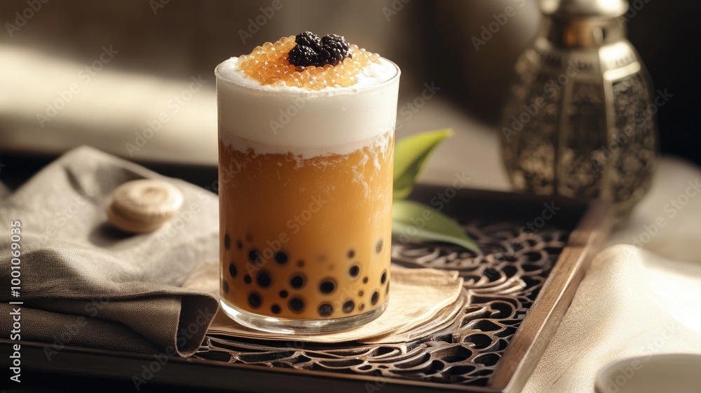 Poster an elegant setup featuring a bubble tea drink with a layer of creamy foam on top, placed on a stylis