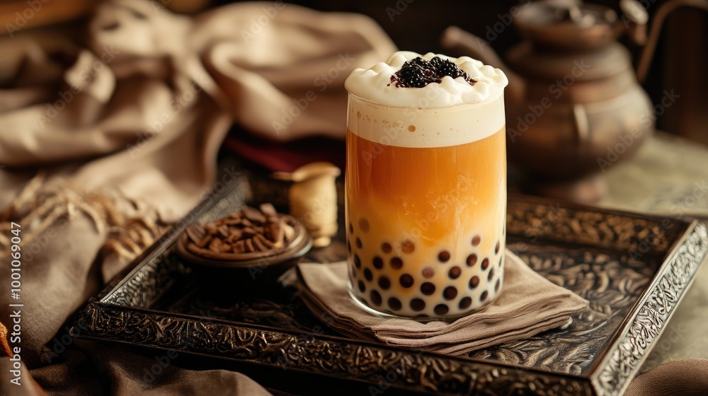 Poster An elegant setup featuring a bubble tea drink with a layer of creamy foam on top, placed on a stylish tray with some decorative elements and a napkin.