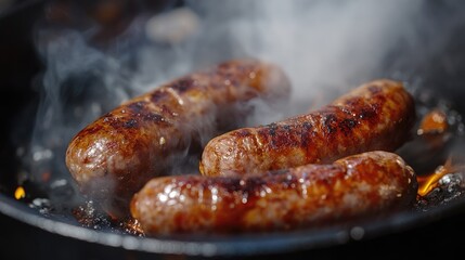 Fototapeta premium An extreme close-up of a sausage being cooked, with attention to the browning and caramelization on the surface, and the sizzling sound of cooking.
