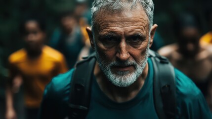 An elderly adventurer treks through a dense forest, portraying exploration and perseverance as he carries a backpack in an invigorating and wild environment.