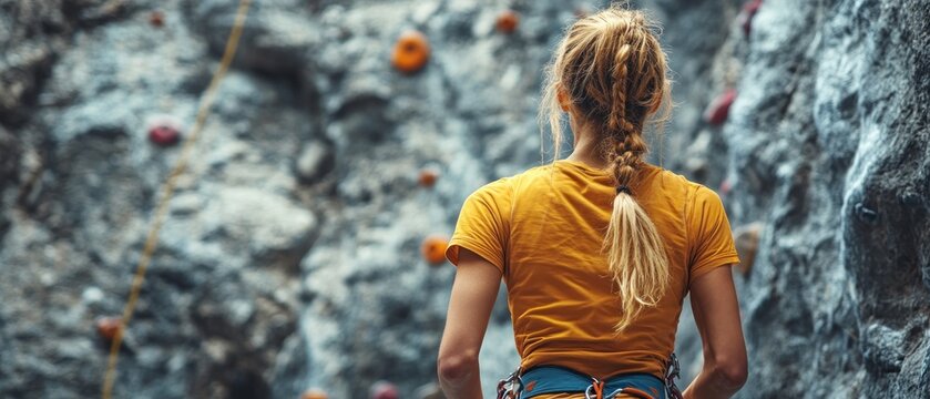 A woman in a yellow shirt is standing on a rock wall.