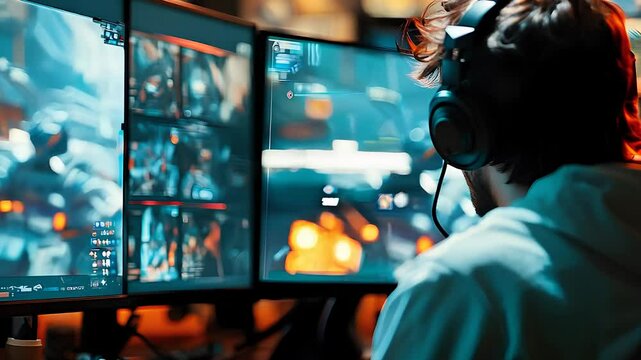 Gamer focused on multiple screens with headset, immersed in a high-tech video game setup during intense gaming session.